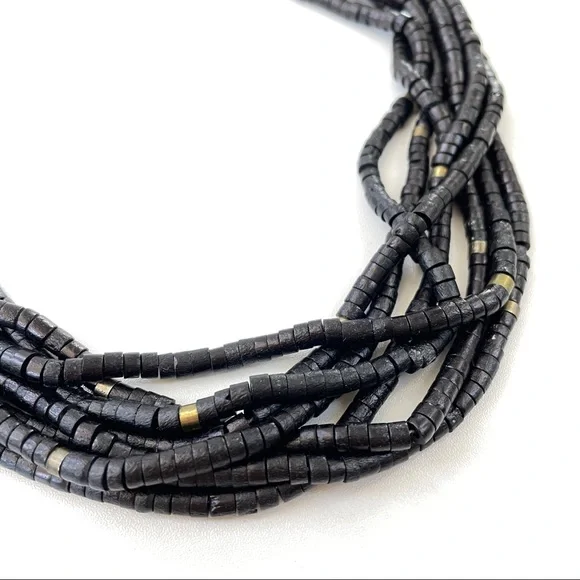 Vintage 1970s Coconut Shell Bead Black & Metallic Necklace - Picture 5 of 12